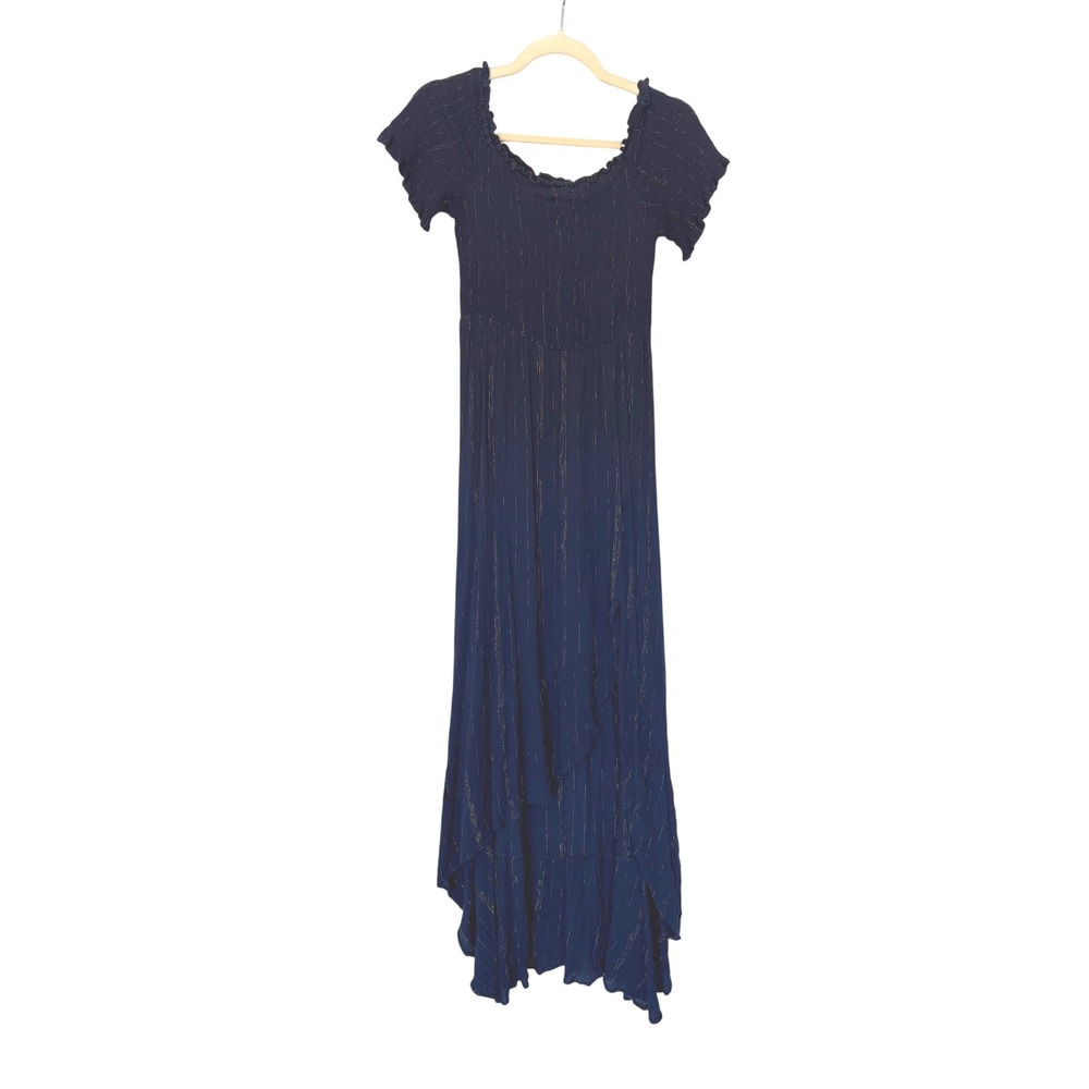 Mi Ami Navy Romantic Parisian Gold Metallic Pinstripe Smocked High Low Maxi‎ L - Picture 2 of 10